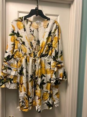 Lemon Print Drawstring Waist Tunic/Coverup Dress